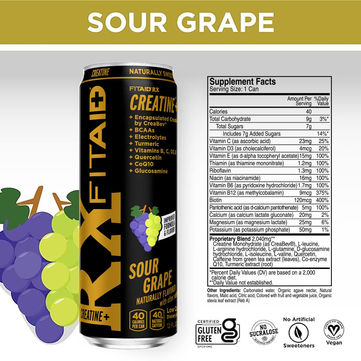 FITAID RX Sour Grape Creatine 12-oz. cans (Pack of 12)